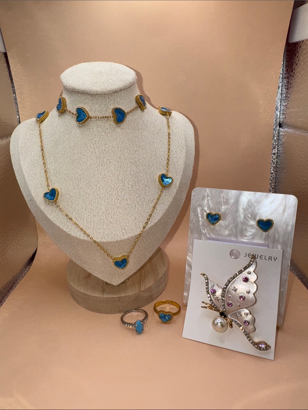 Gold-Tone Blue Heart Necklace & Earring Set - Stainless Steel! $34!!!